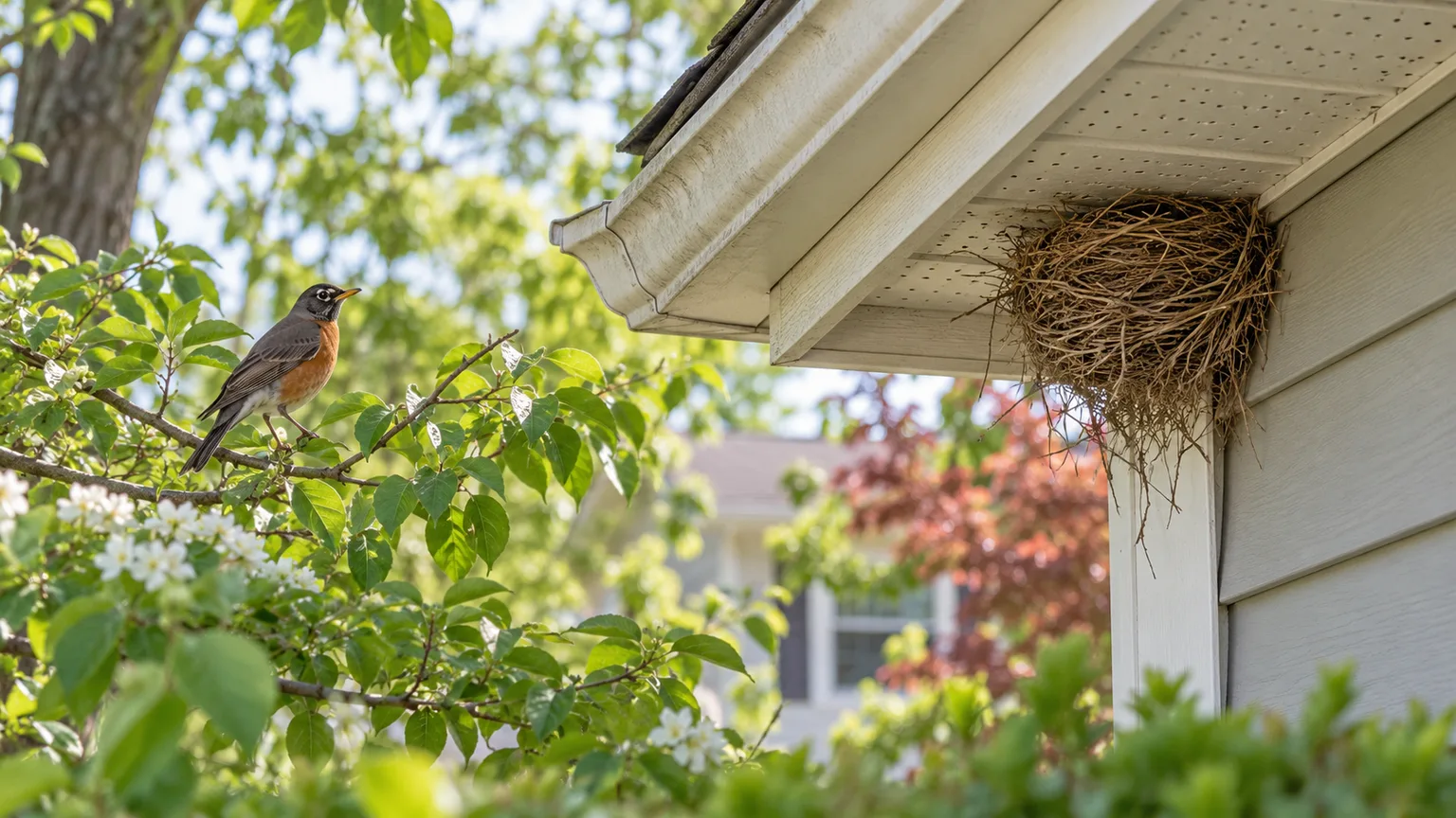 A songbird perched beside a nest beneath a home's exterior eave