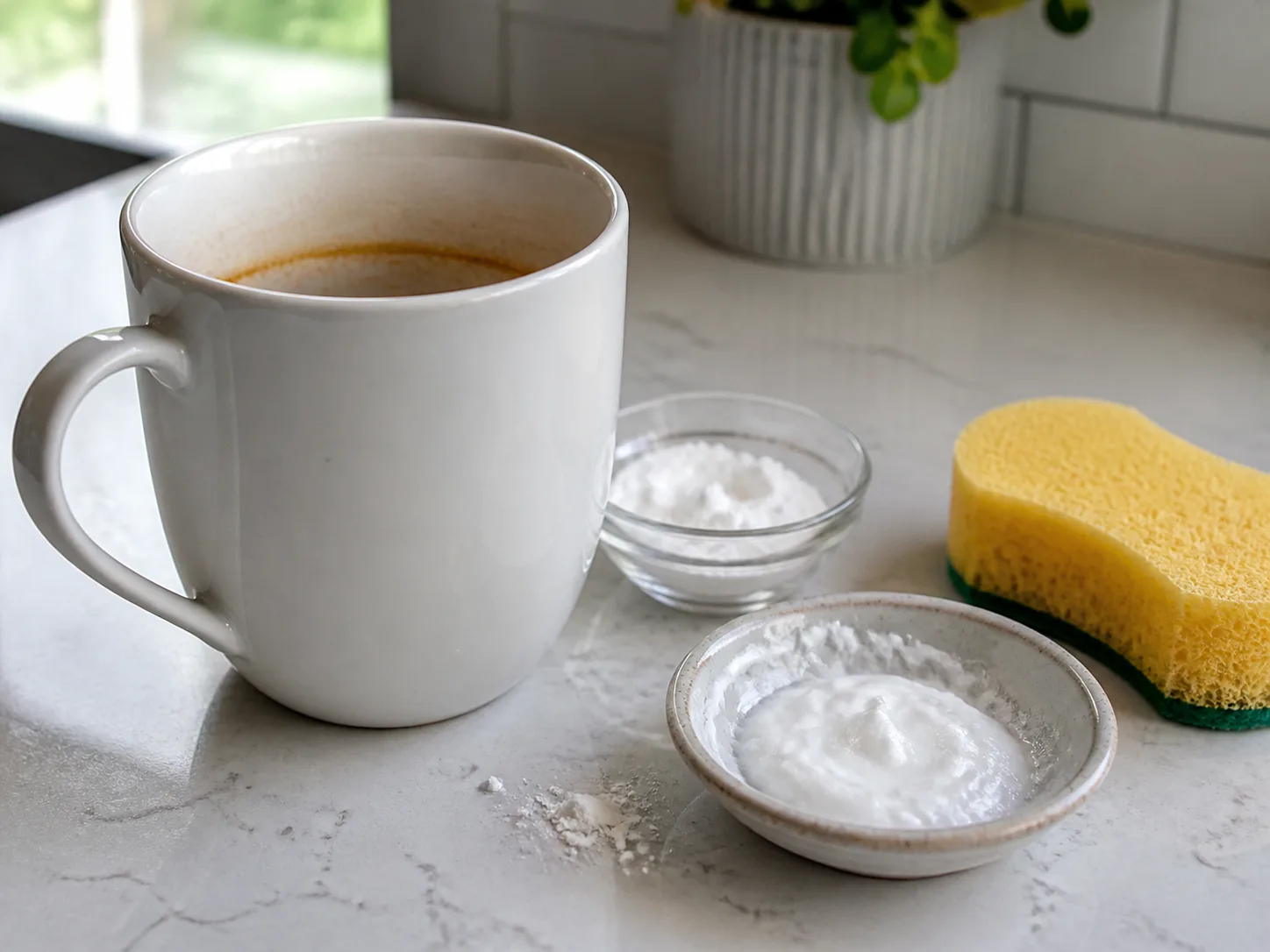 A coffee-stained ceramic mug beside baking soda paste and a soft sponge