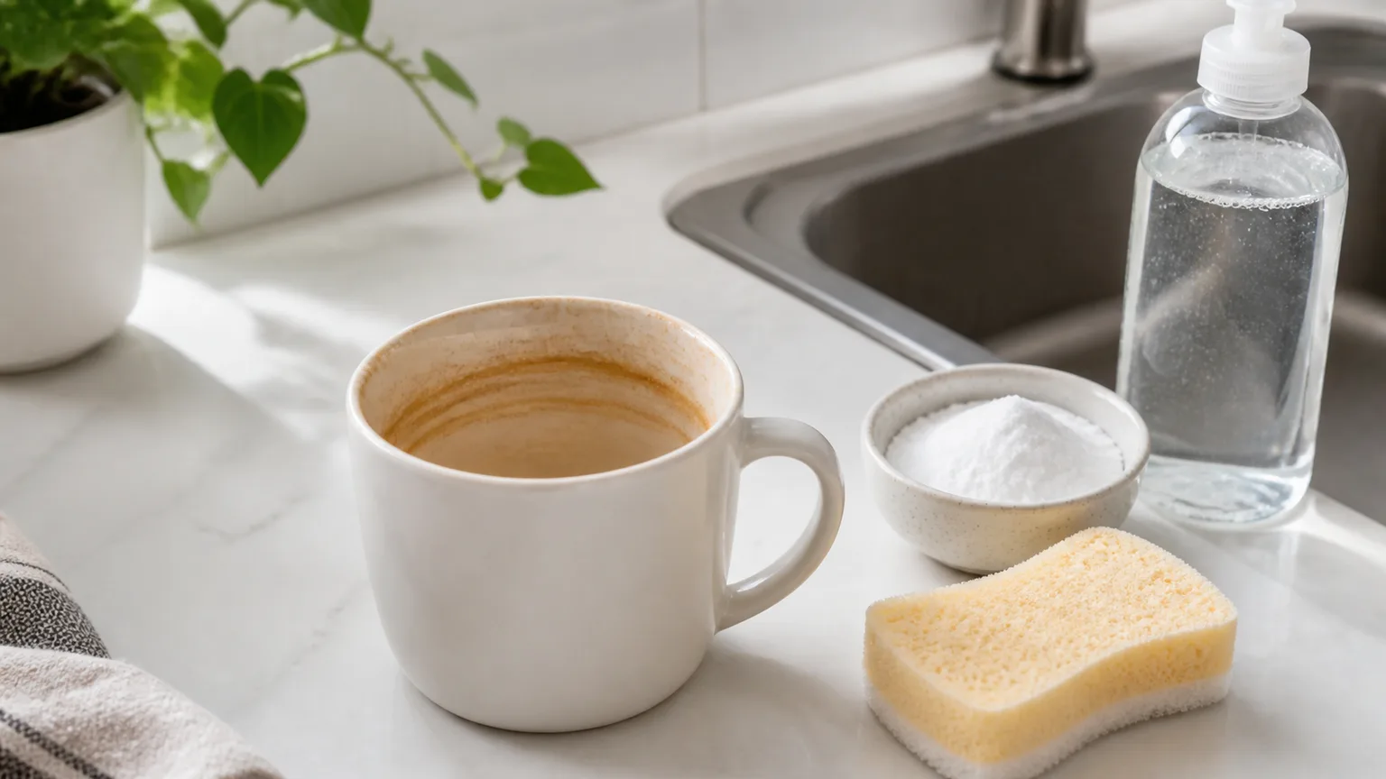 Plain ceramic mug with a brown coffee ring beside baking soda and a soft sponge