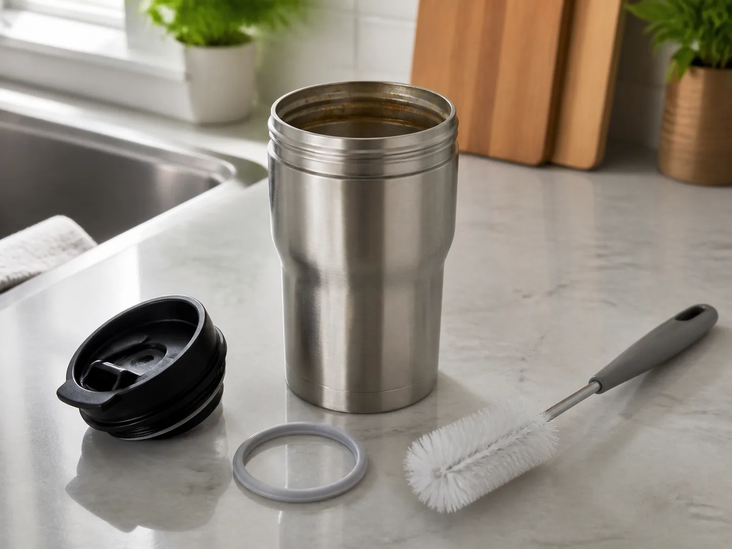 Stainless-steel travel mug with its lid, silicone gasket, and bottle brush separated for cleaning