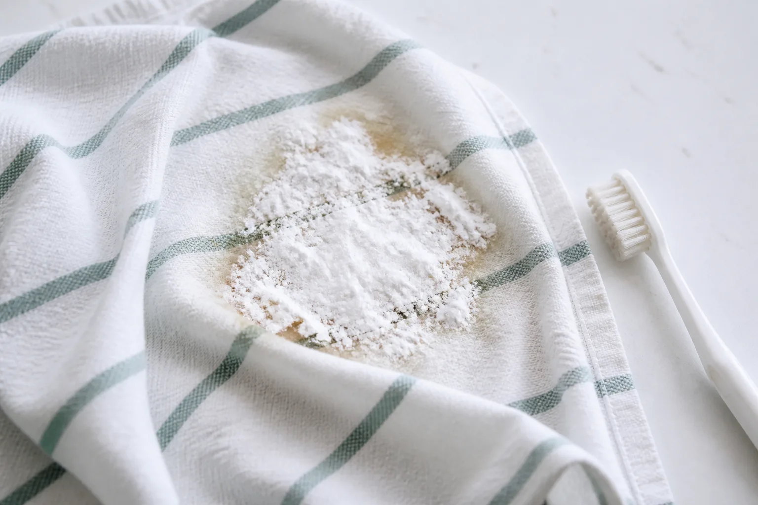 Baking soda and a small bowl of paste beside ceramic dishes on a kitchen counter