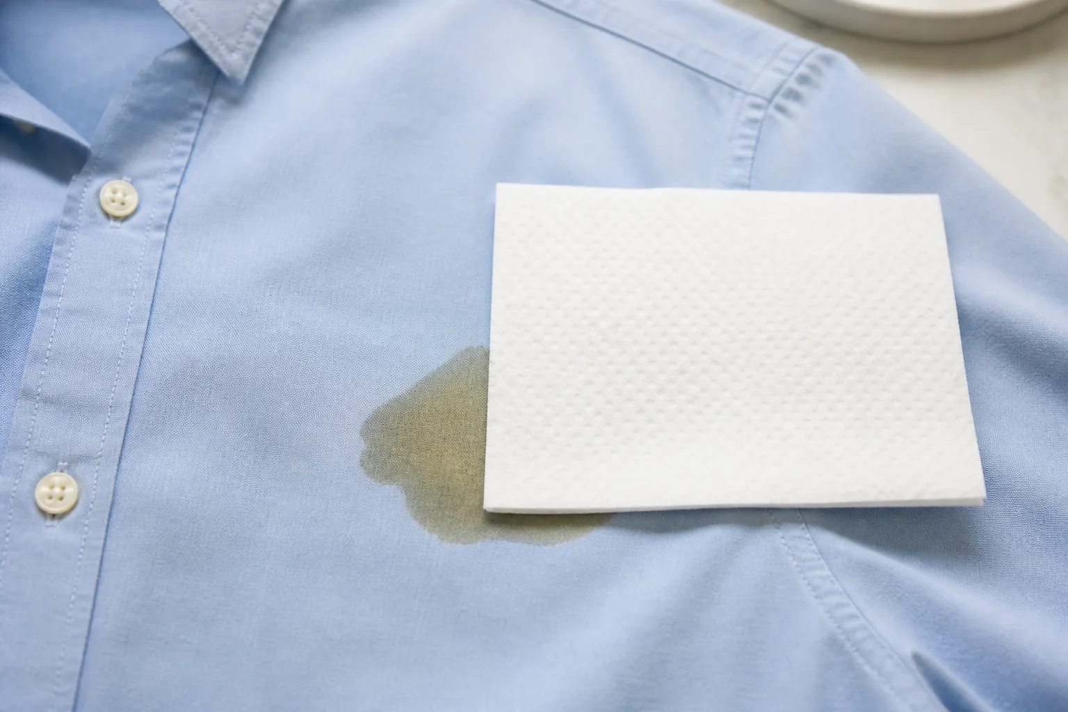Paper towel blotting a fresh cooking oil stain on a cotton shirt without rubbing