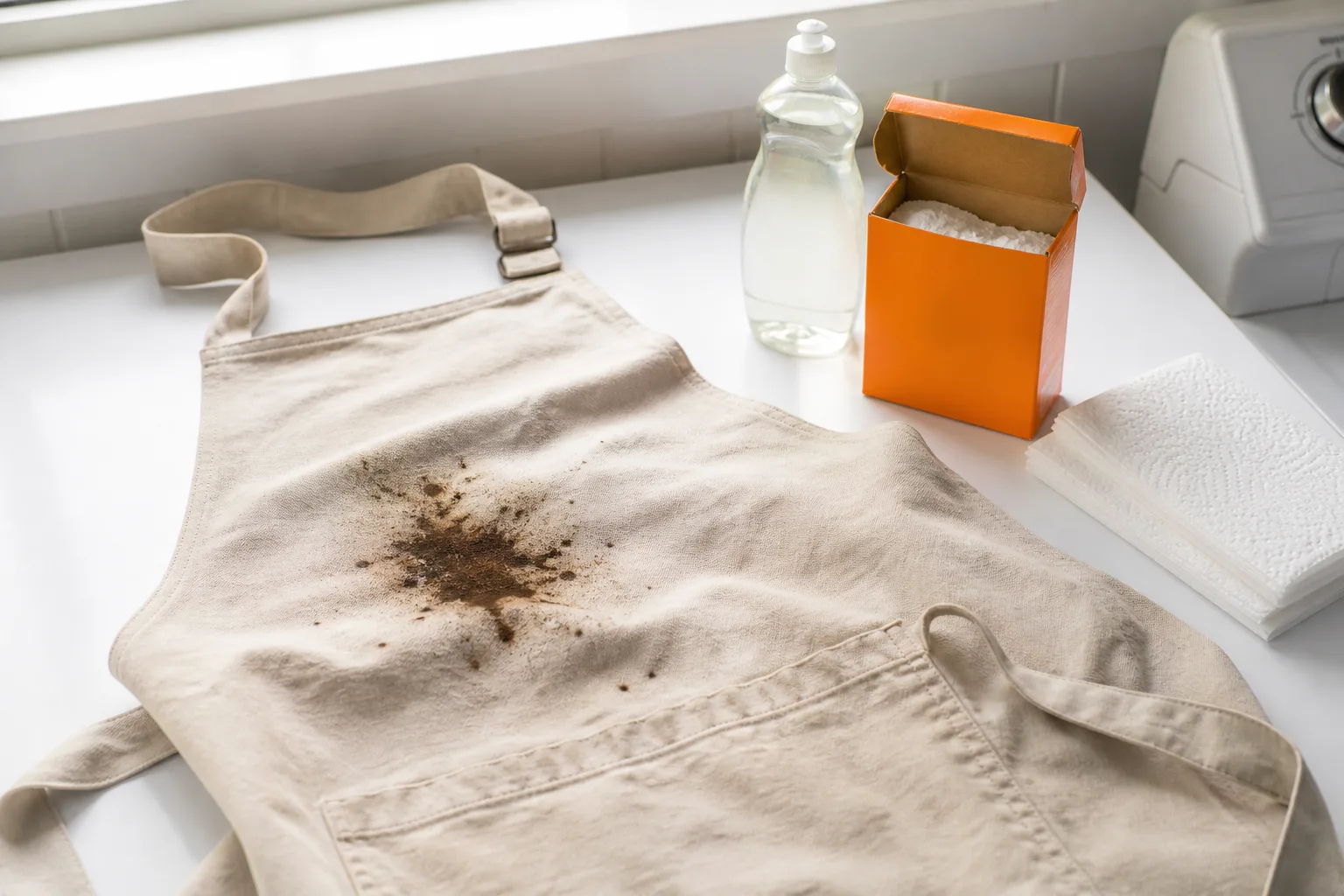 Cotton kitchen apron with a cooking oil stain beside dish soap, baking soda, and paper towels on a laundry counter