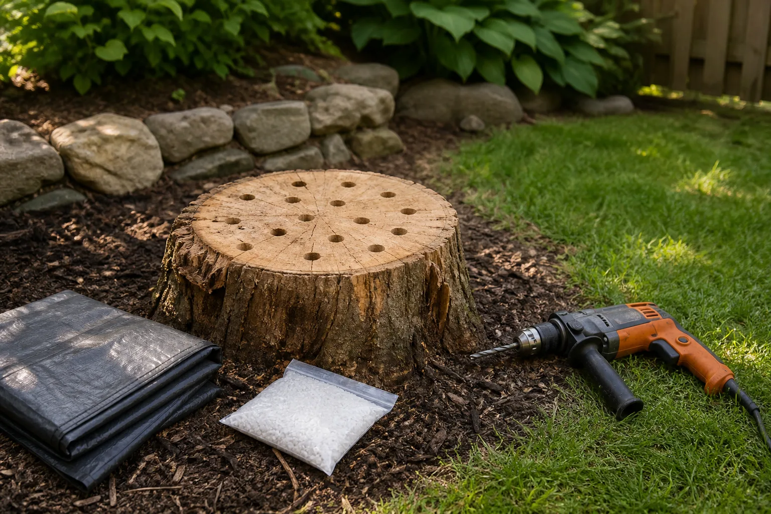 Tree stump top drilled with holes beside stump remover granules and plastic tarp in a backyard