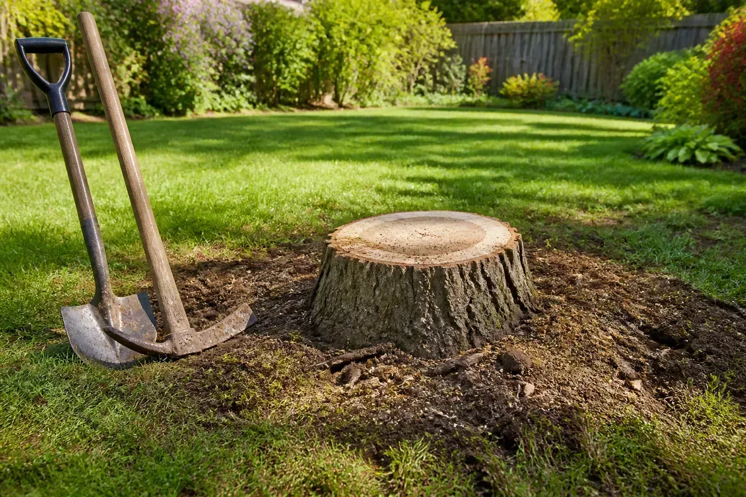 Cut tree stump in a backyard lawn with shovel and mattock leaning nearby
