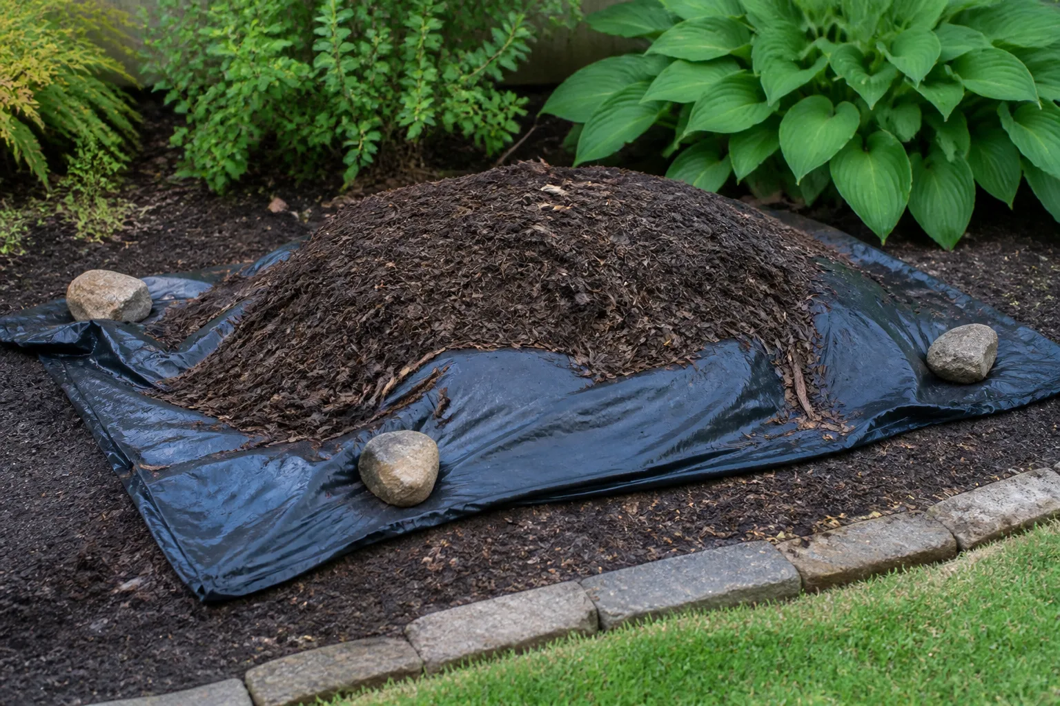 Tree stump covered with plastic tarp and mulch pile to hold moisture for natural decay