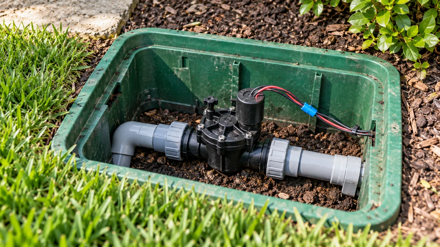 Inline sprinkler valve and waterproof low-voltage wire splice inside an open lawn valve box