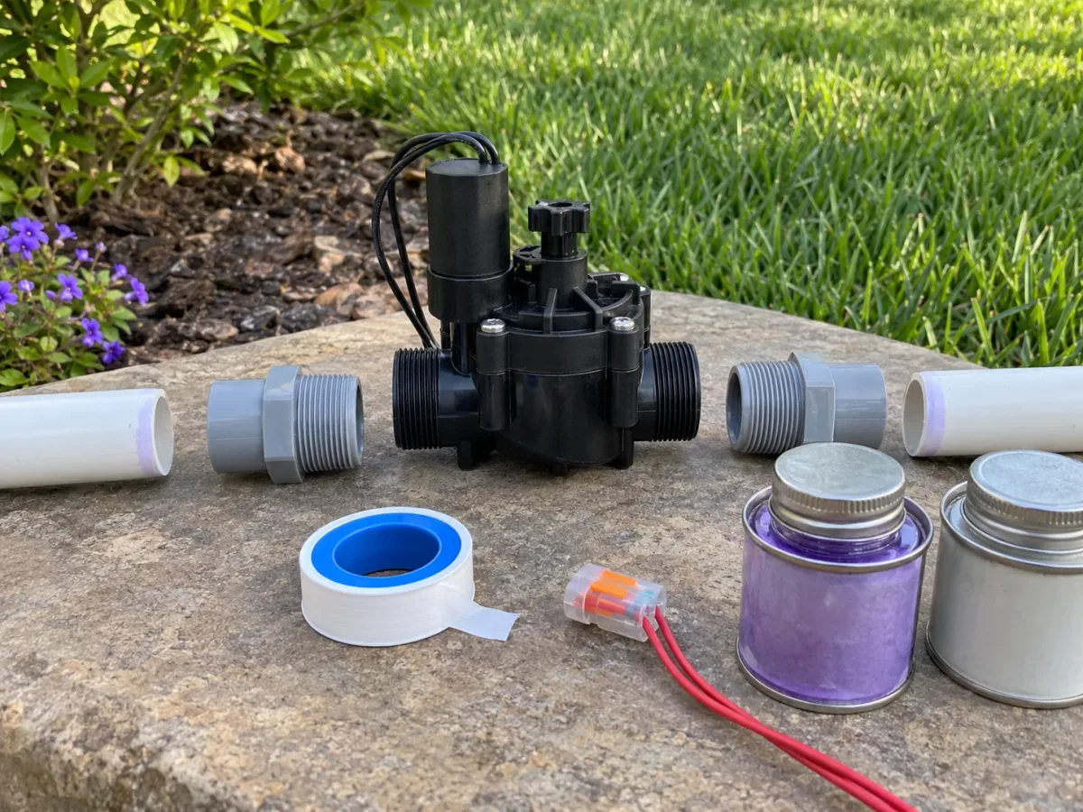A replacement inline sprinkler valve, PVC adapters, pipe ends, and sealant arranged for a dry fit before joining.