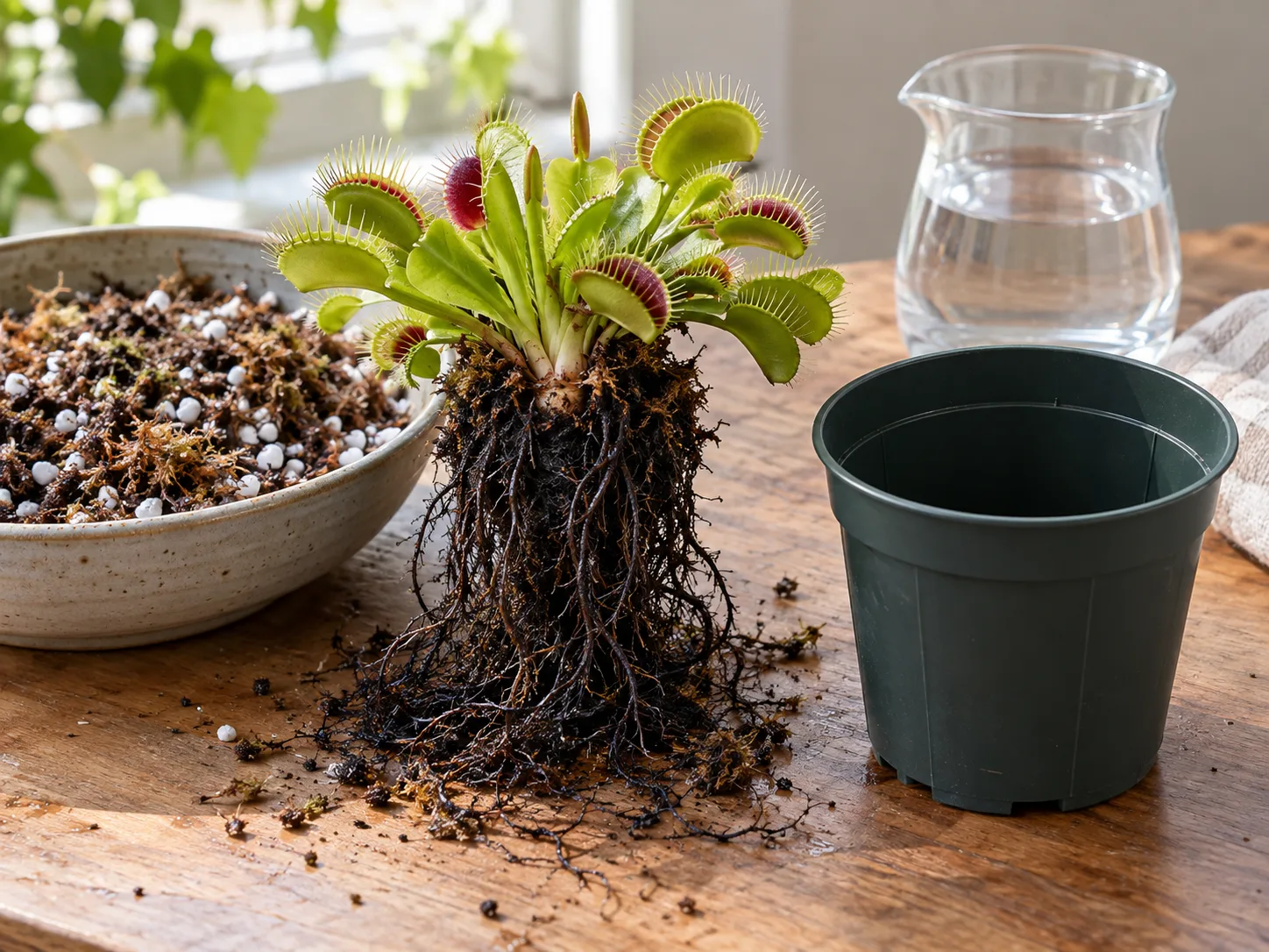 Venus flytrap beside a pot and carnivorous-plant medium during repotting.