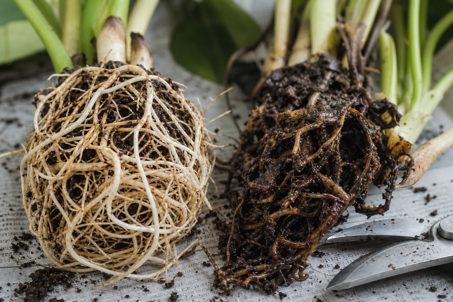 Healthy and rotted roots compared during a repotting inspection