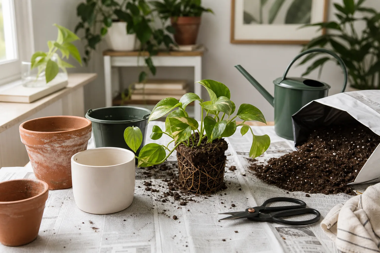 Houseplant repotting workspace with pots, potting mix, and exposed root ball