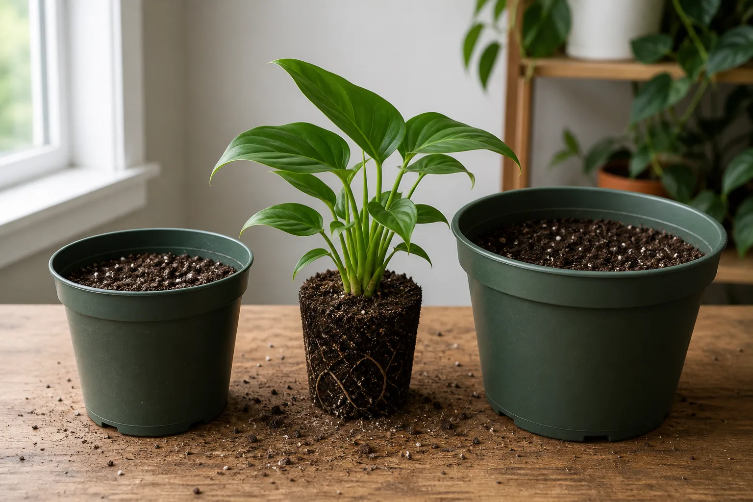 Repotting an indoor plant into a slightly larger container