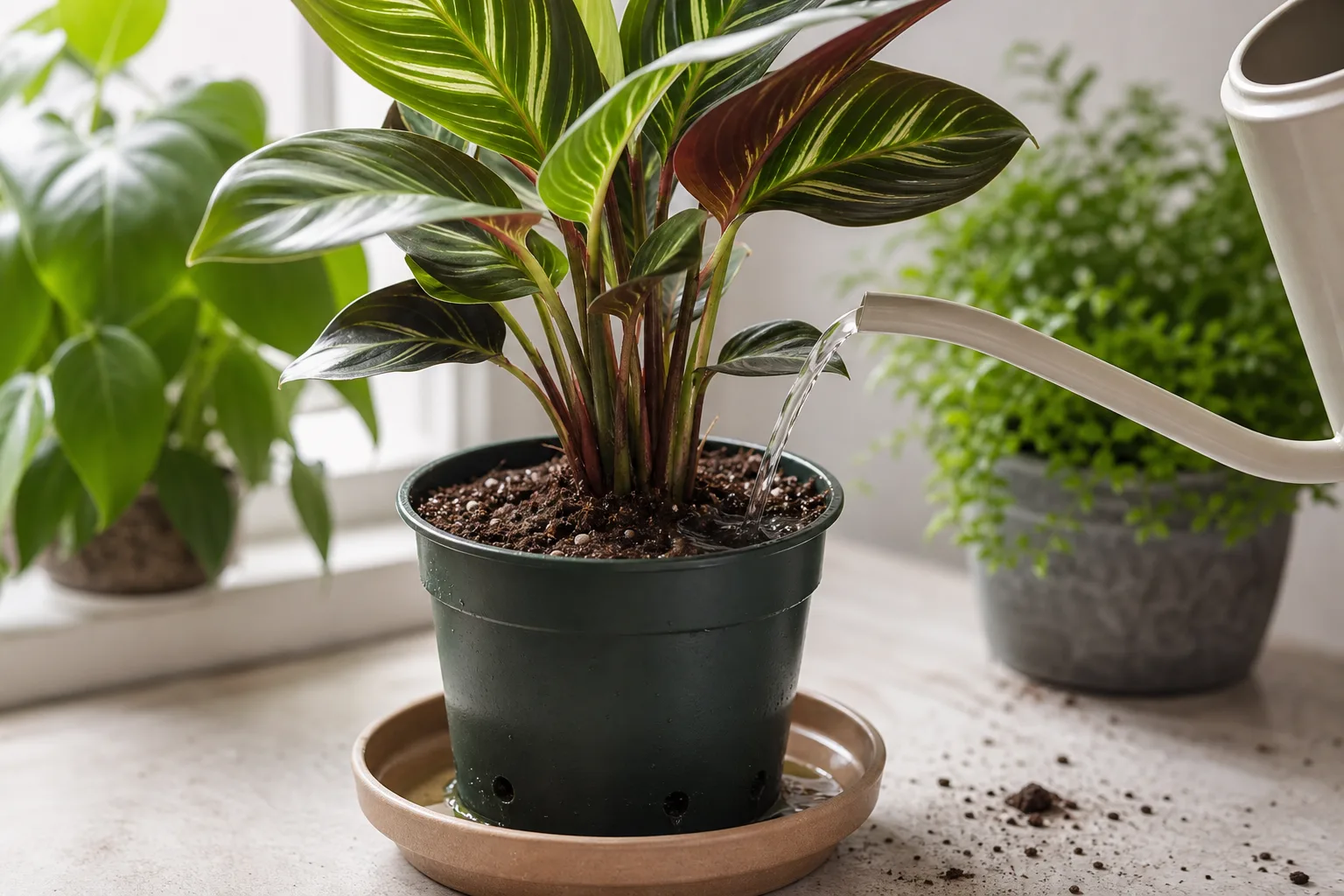Watering a newly repotted houseplant until excess drains into its saucer