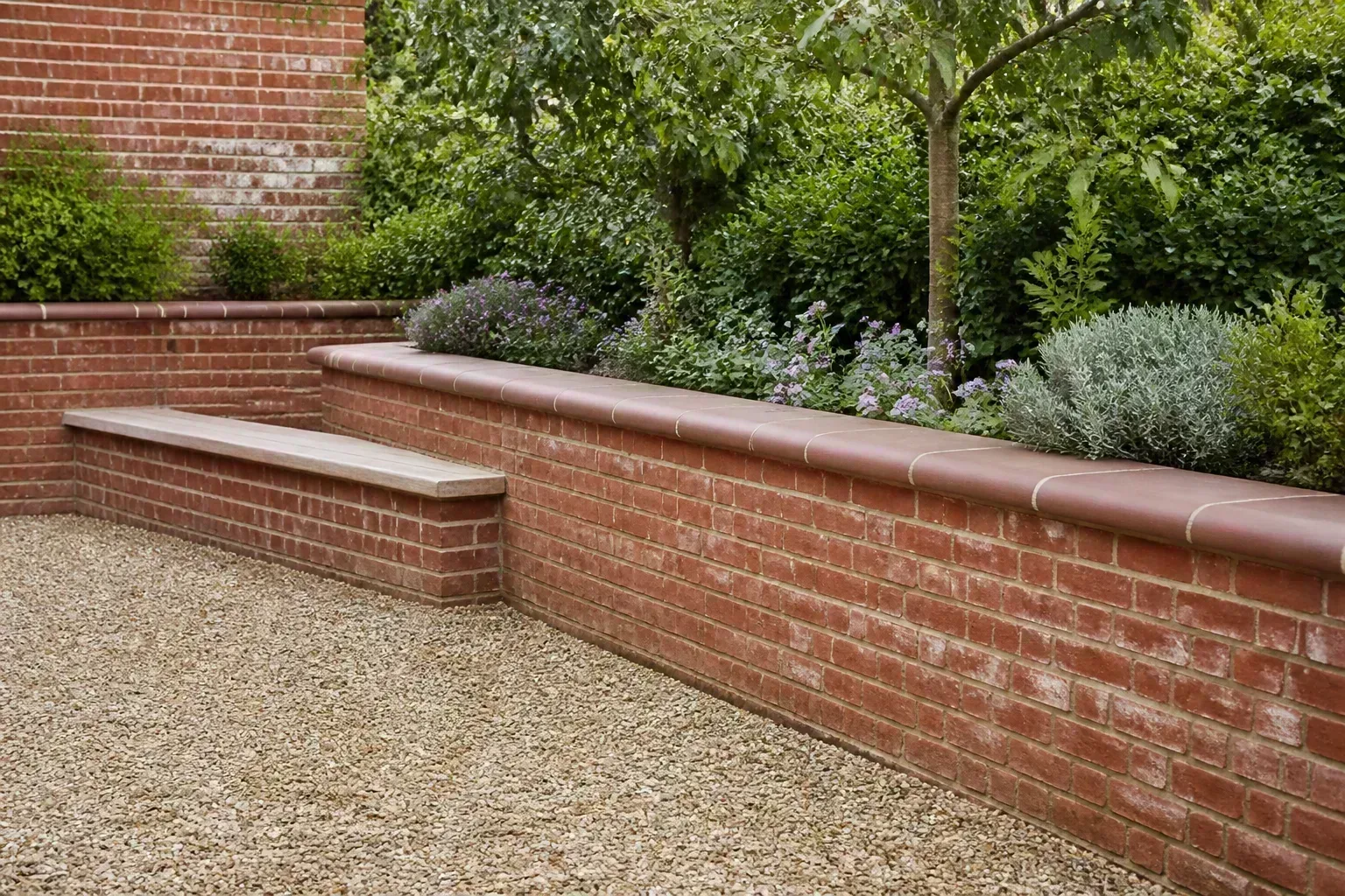 Red brick raised planter with rounded bullnose coping cap in a gravel courtyard