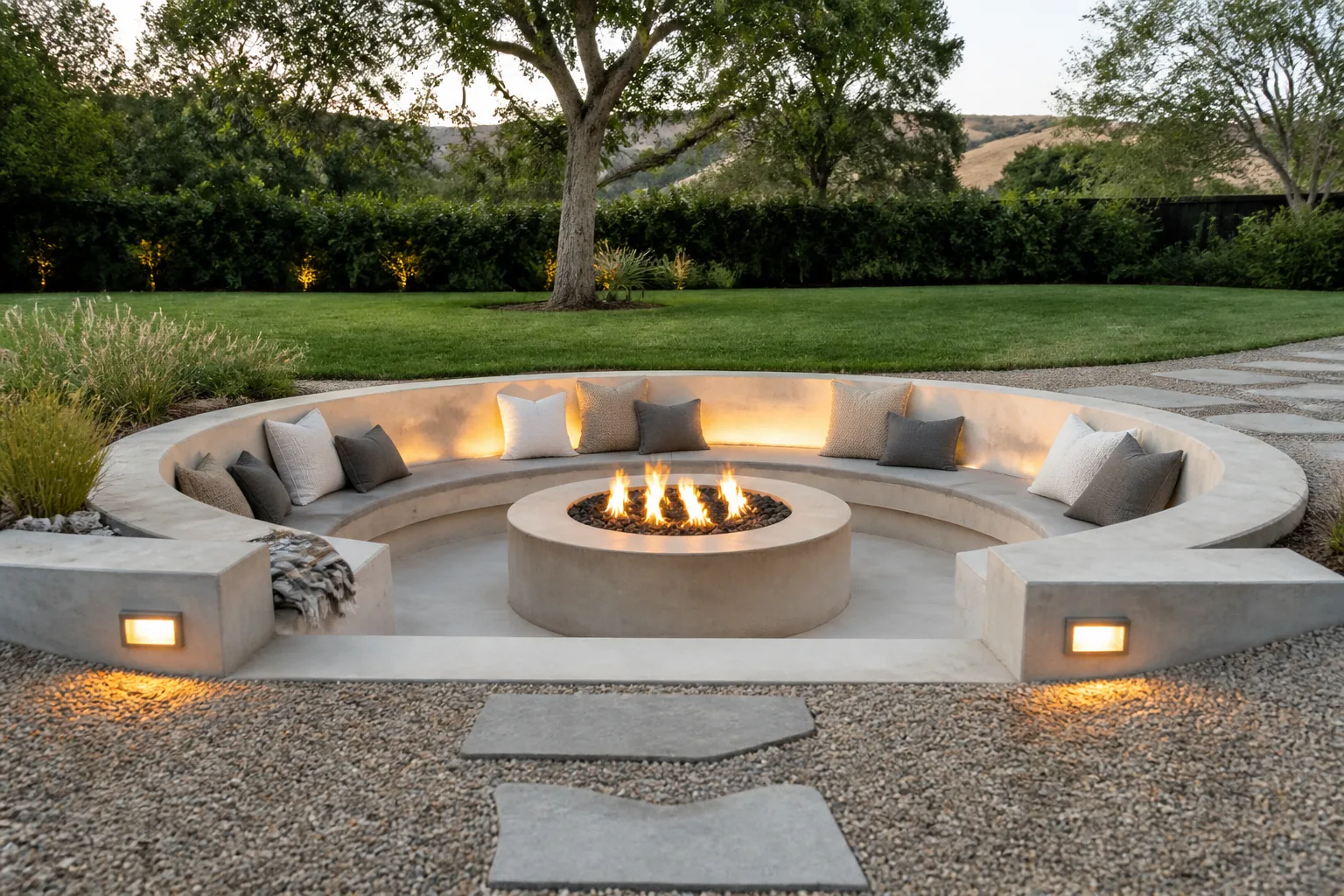 Sunken outdoor conversation pit with built-in bench seating and central fire feature
