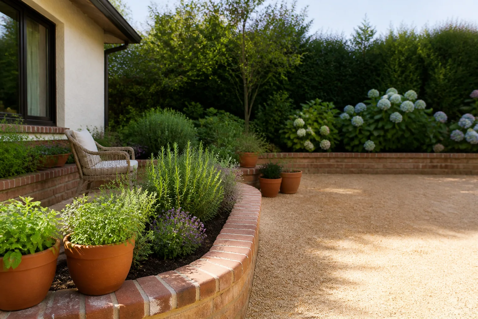 Retro backyard courtyard with gravel surface, brick planter with bullnose coping, wicker chair, and layered privacy planting