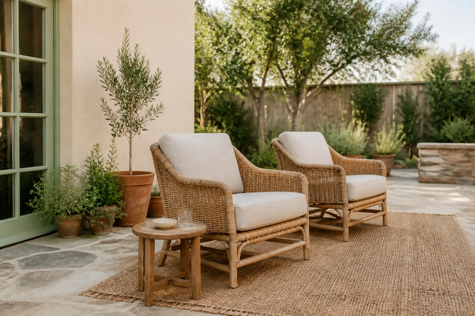 Woven wicker patio chairs with outdoor cushions on a textured backyard patio