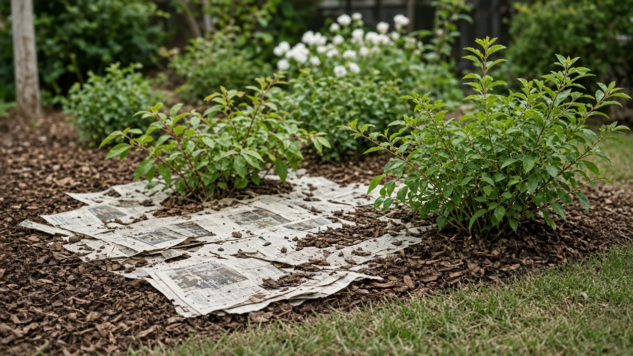 Newspaper sheets, a folded seed pot, and a mulched vegetable bed in a sunny backyard garden