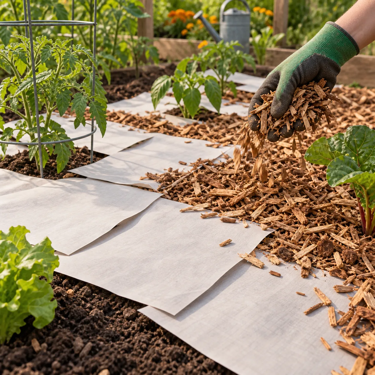 Cardboard sheets and wood mulch being used as a sheet-mulching barrier in a vegetable bed