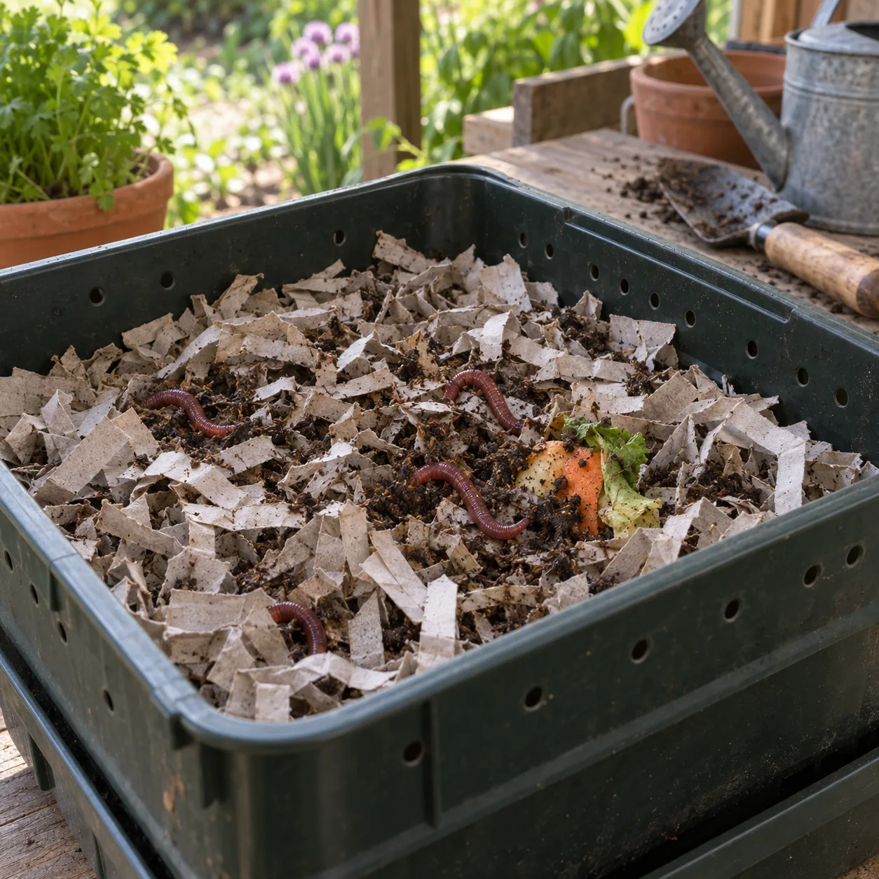 A ventilated worm bin with red wigglers in moist shredded-paper bedding