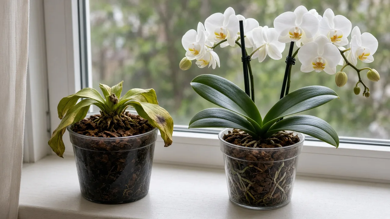 Healthy potted orchid with visible roots being inspected before repotting
