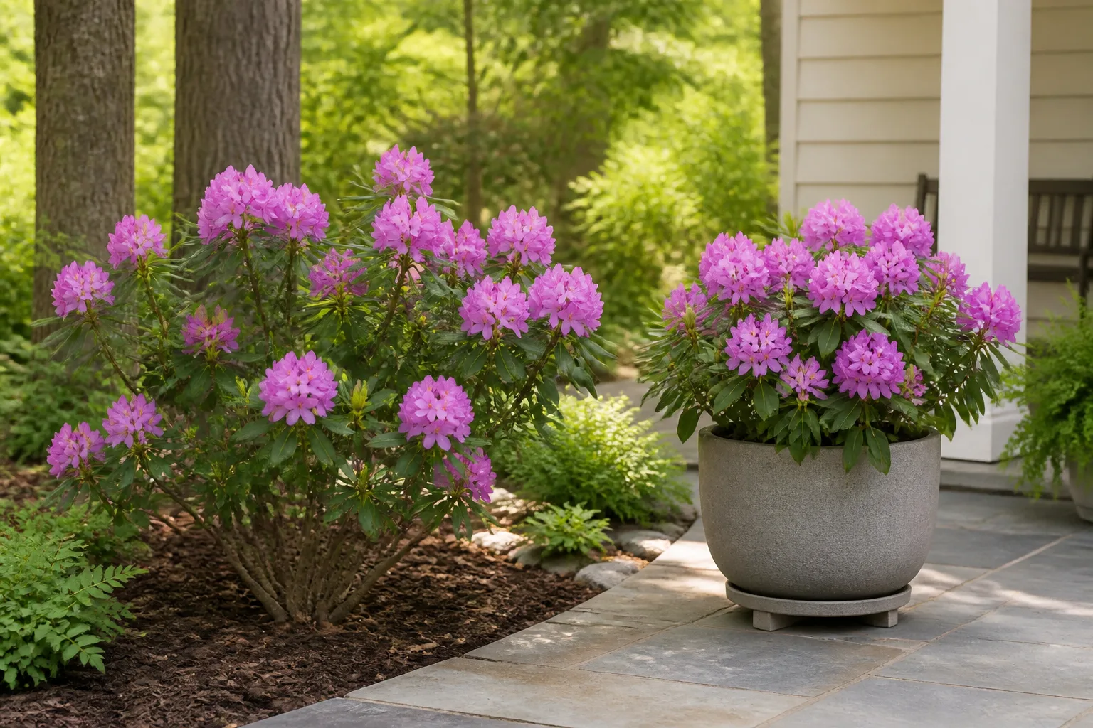 Rhododendron in full bloom in a shaded garden bed