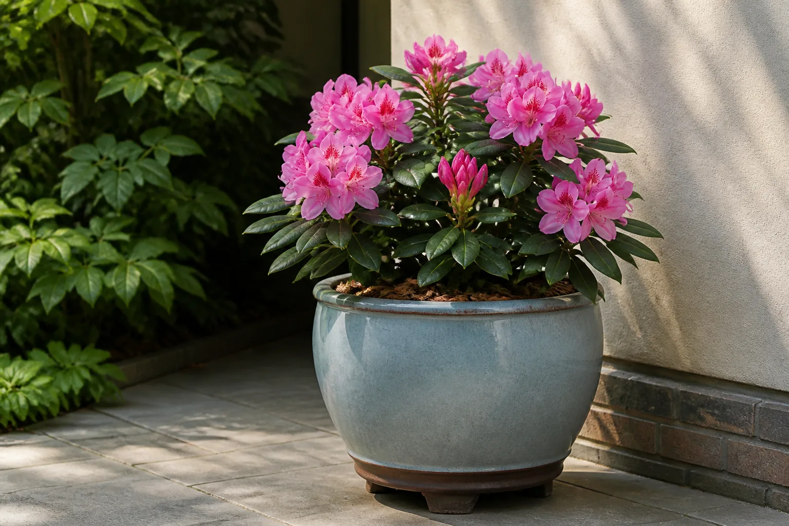 Compact rhododendron in a container on a shaded patio