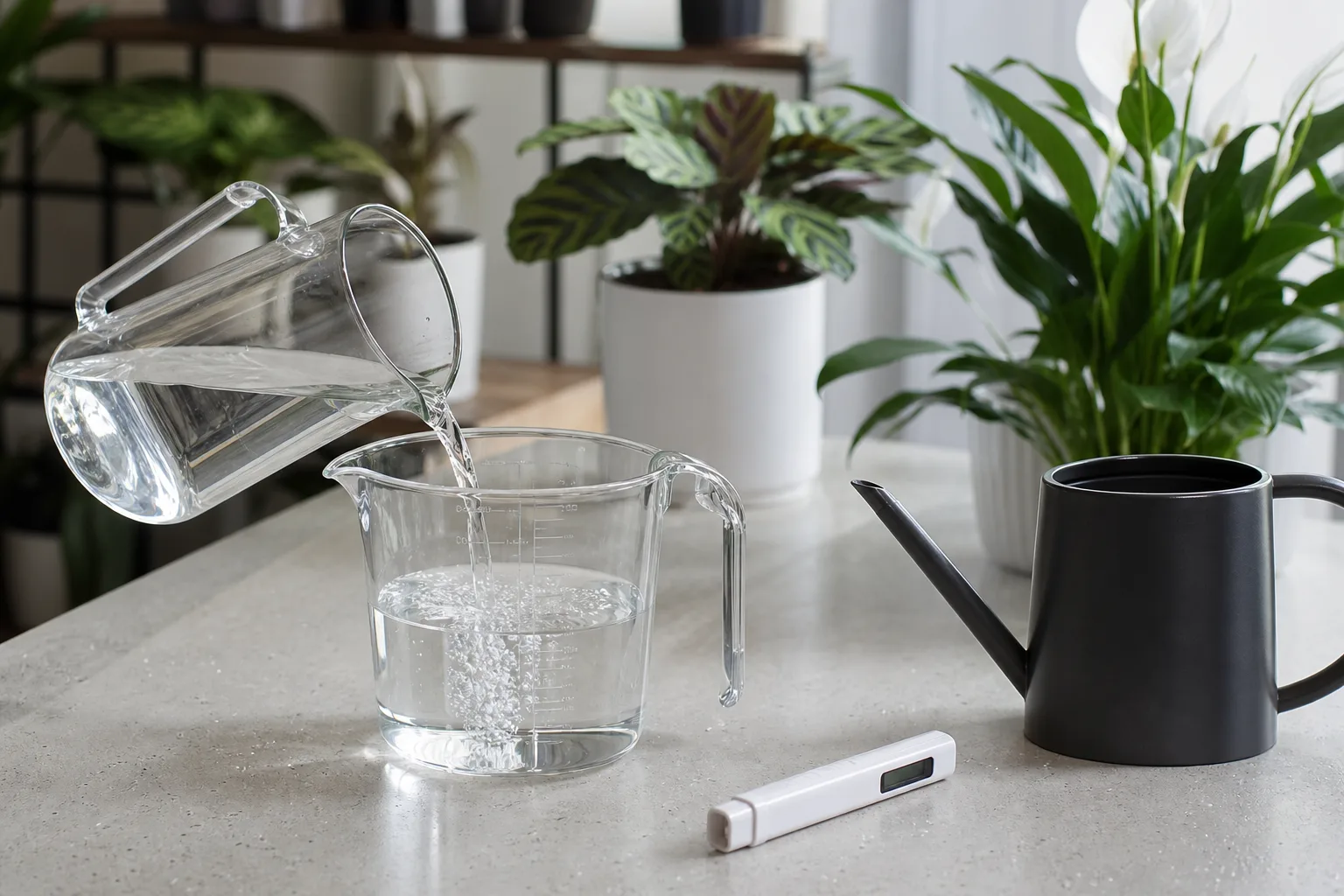 Blending RO water with tap water in a watering can for houseplants