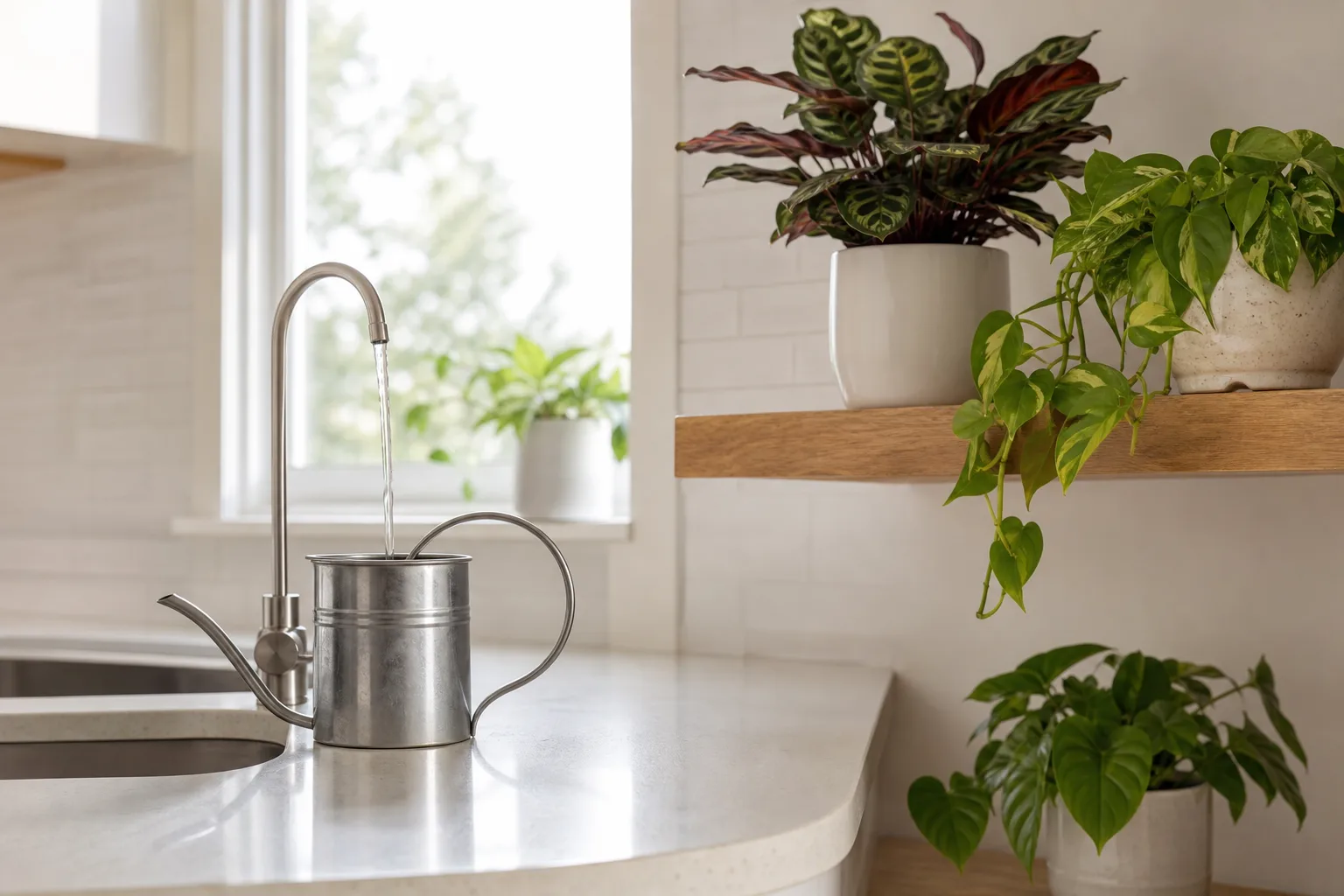 Kitchen sink area with reverse osmosis purified water ready for watering houseplants