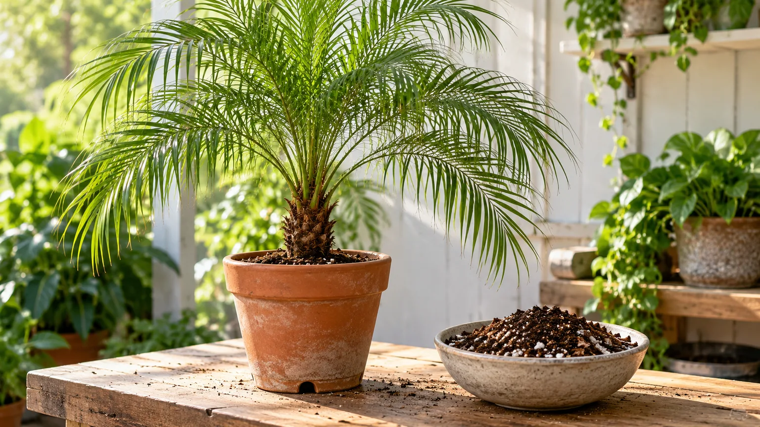 A healthy pygmy date palm in a draining terracotta pot beside an open, airy potting mix.