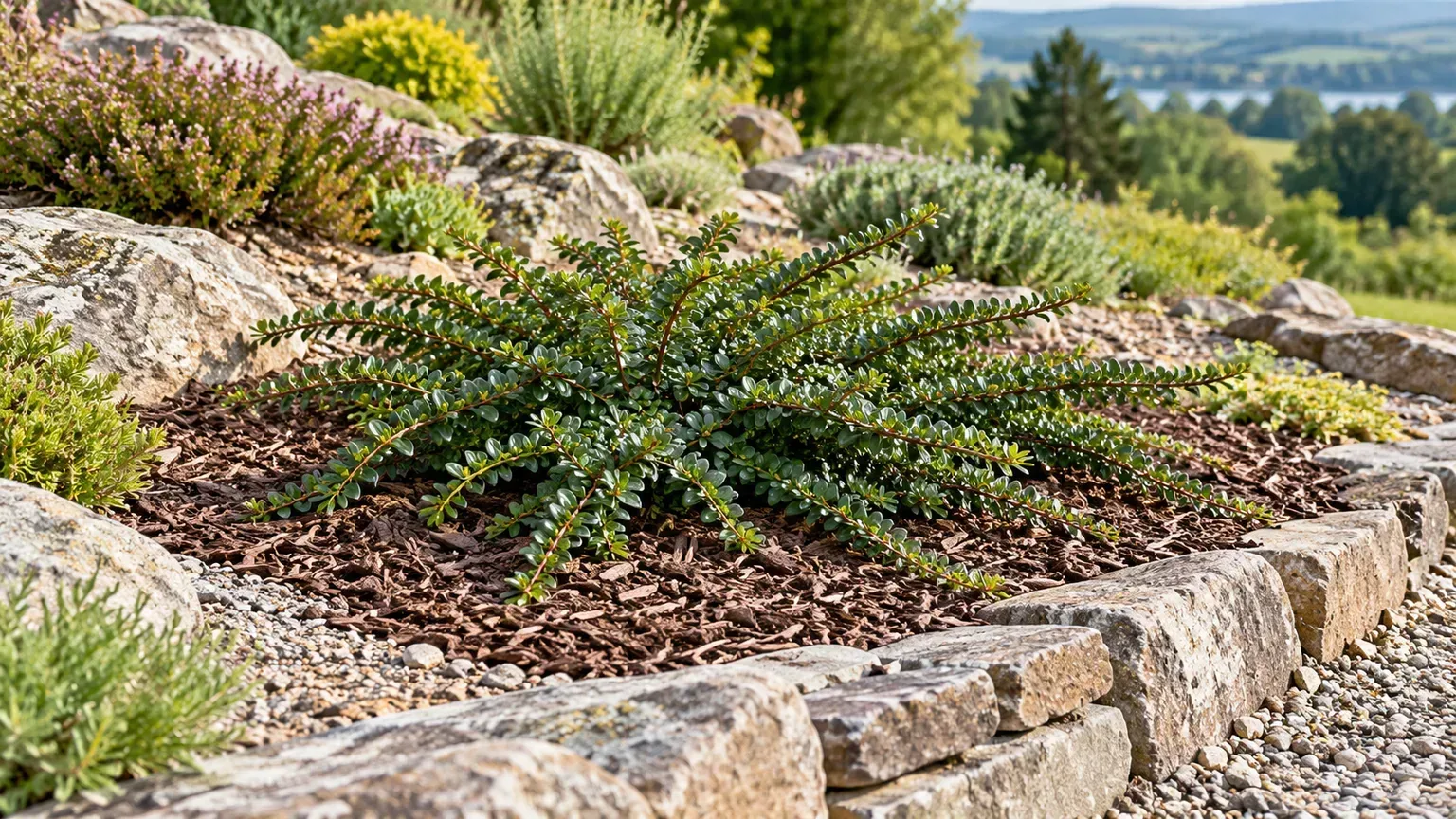 Rockspray cotoneaster occupying an open, well-drained rock garden on a gentle slope