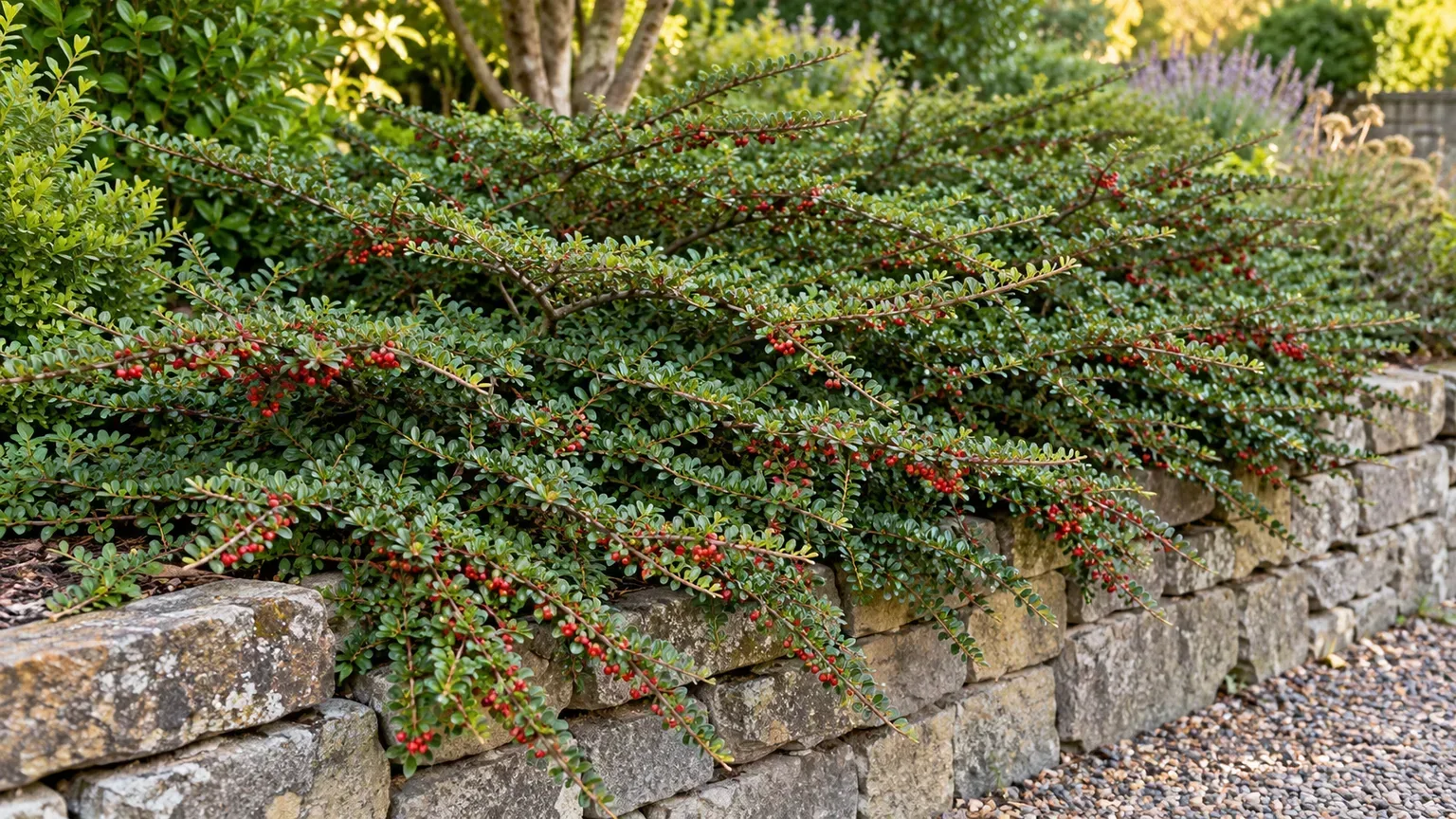 Rockspray cotoneaster selectively shaped along a stone wall while keeping its horizontal branch pattern