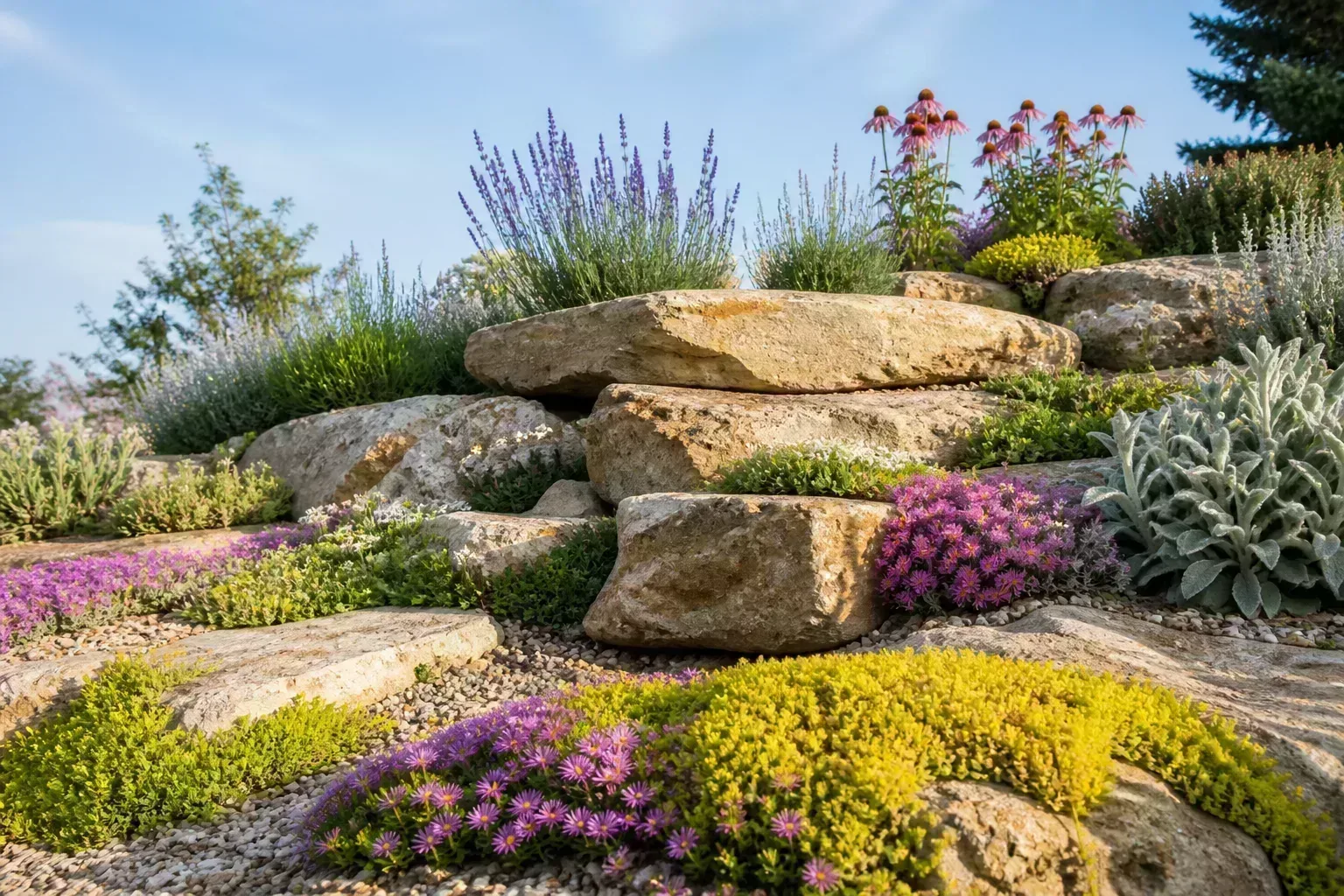 Sunny rock garden with layered boulders, sedum mats, creeping phlox, and taller perennials spilling between stones