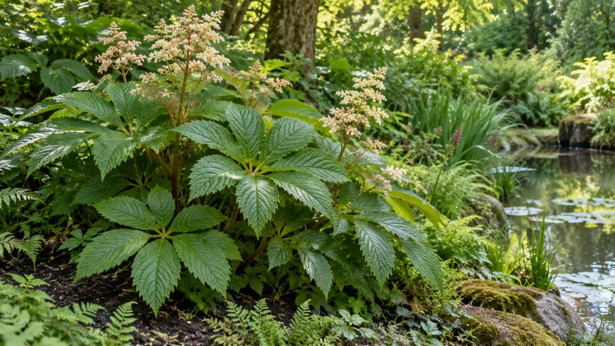 Rodgersia growing in moist, shaded garden soil beside a pond, with the plant above the waterline