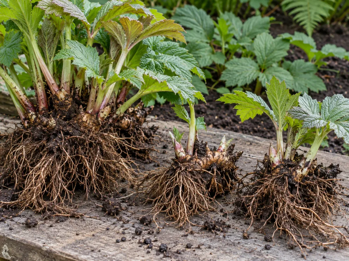 Rodgersia clump and separated rhizome divisions with firm buds and attached roots
