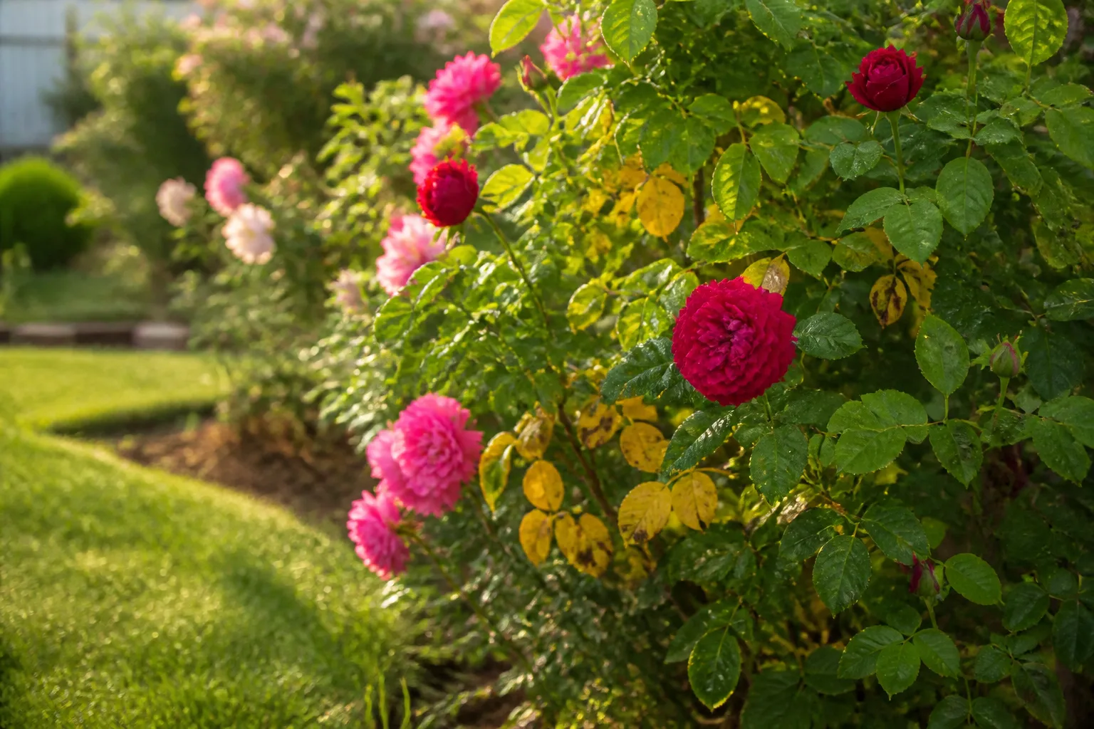 Rose bush in a sunny garden border with lower leaves turning yellow among green foliage and pink blooms