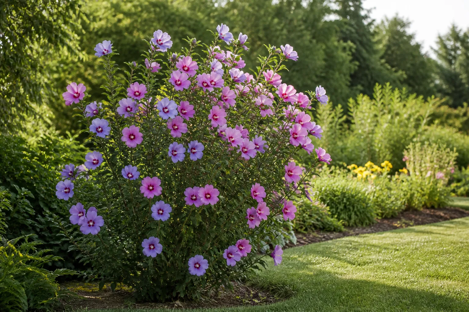 Rose of Sharon covered in purple flowers in an outdoor garden border