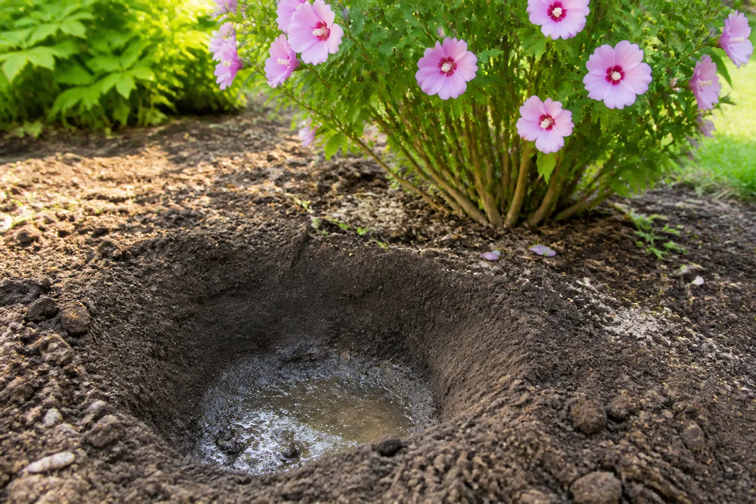 Hibiscus shrub planted beside a prepared garden bed with attention to soil drainage