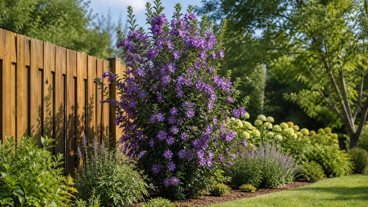 Tall, narrow Rose of Sharon with purple flowers growing beside a garden fence