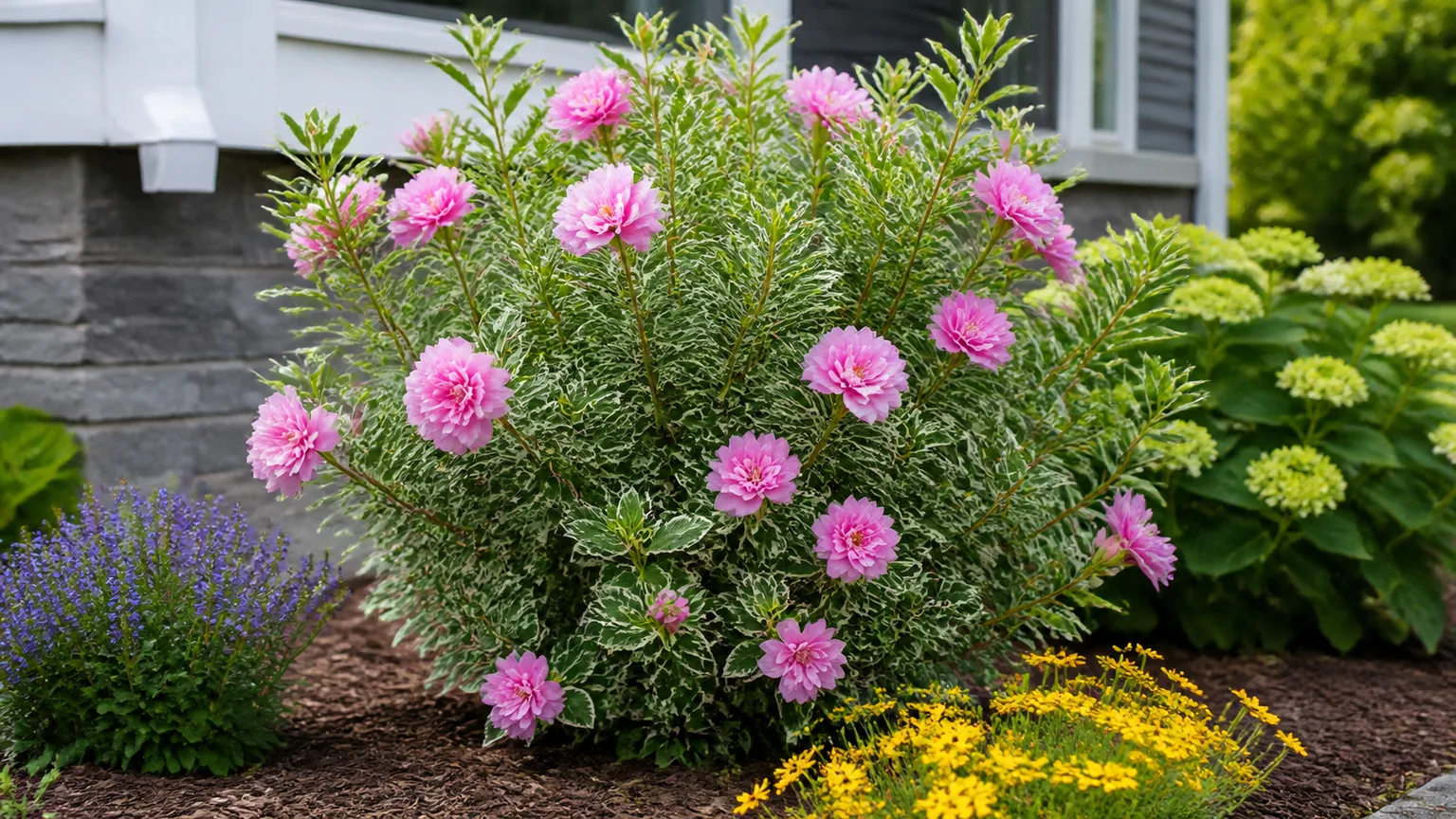 Compact variegated Rose of Sharon with pink flowers in a sunny foundation border