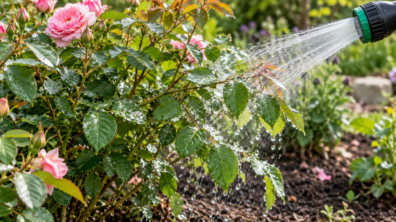 A controlled hose spray reaches the undersides of rose leaves to dislodge sawfly larvae.