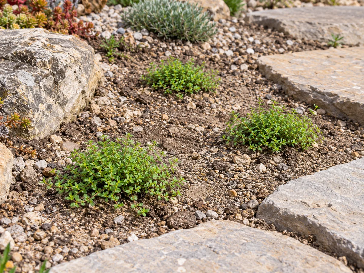 Young rupturewort clumps spaced across a free-draining gravel bed between stone pavers