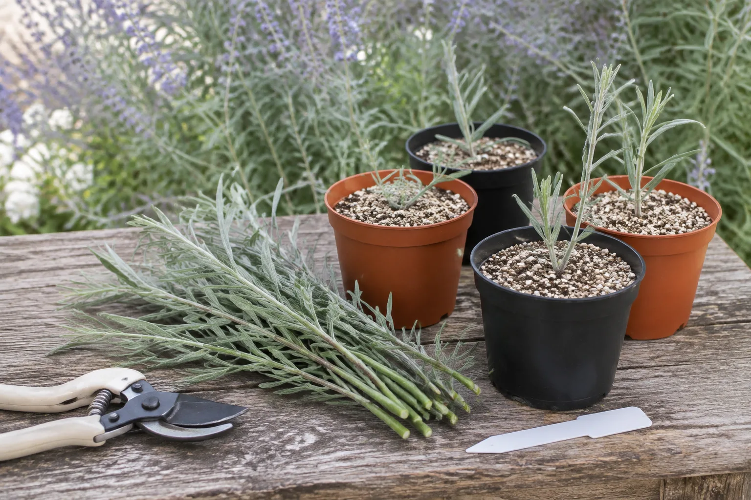 Russian sage softwood cuttings prepared in small pots of gritty rooting medium