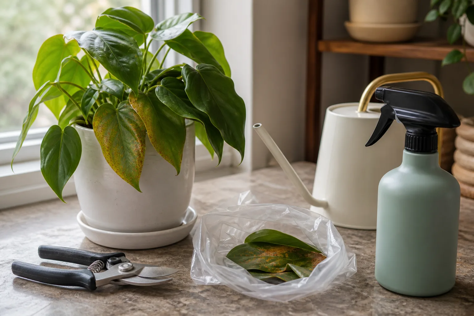 Hands isolating a rusted houseplant, pruning pustuled leaves into a trash bag, and watering at the soil line
