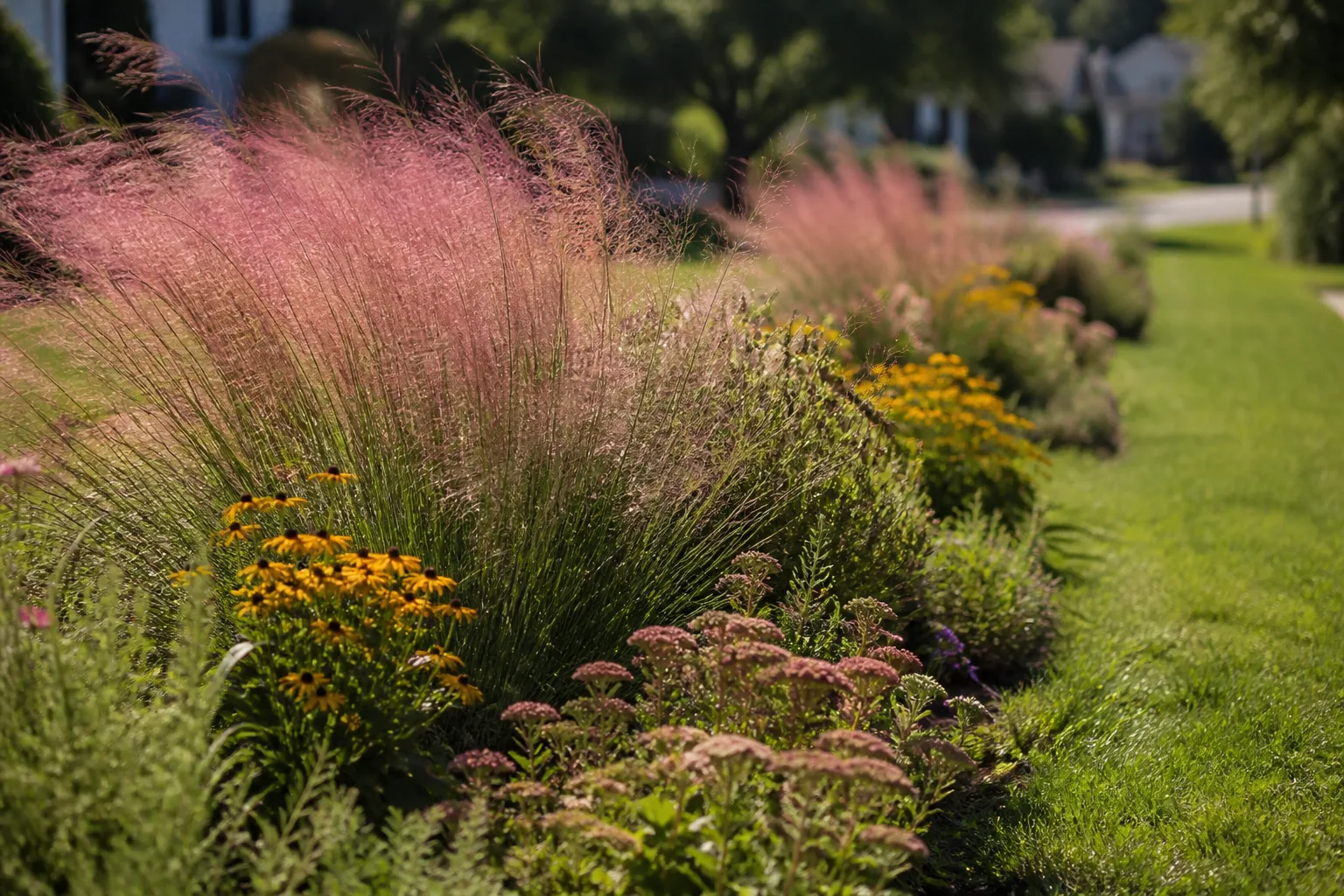 Clumping ornamental grasses adding texture and movement in a sunny garden setting