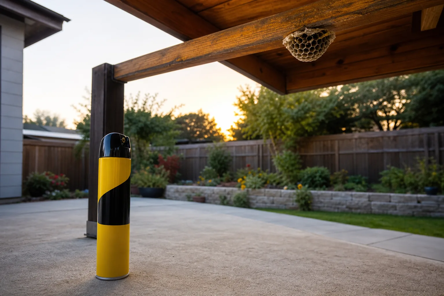 Wasp spray aerosol can on a patio with a paper wasp nest visible under a porch eave at a safe distance
