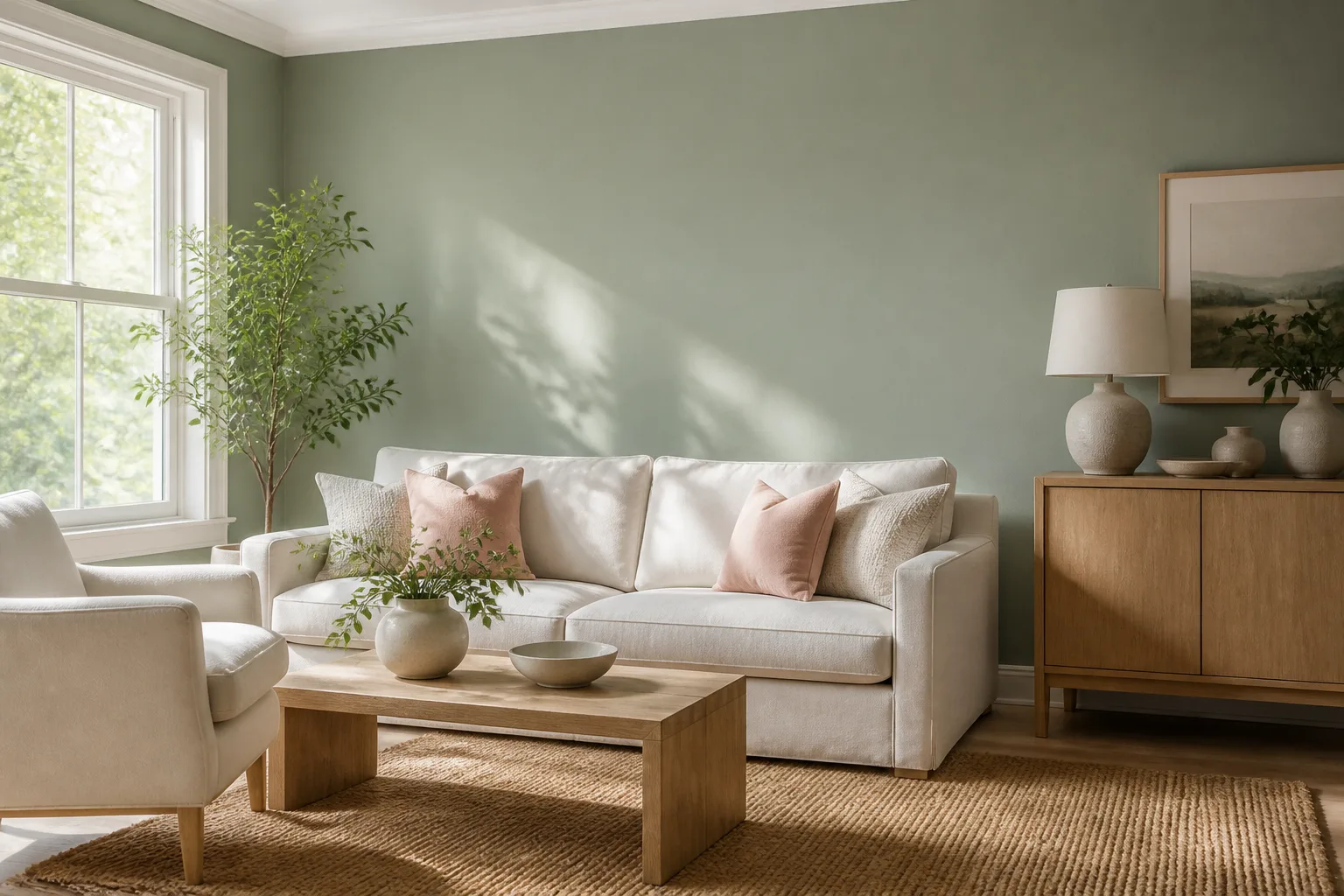 Sage green living room with cream upholstery, pale wood, and soft pink accents