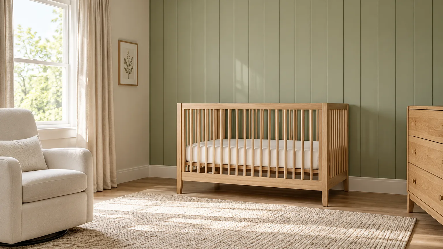 Sage green shiplap nursery with an oak crib, neutral glider, and clear sleep space