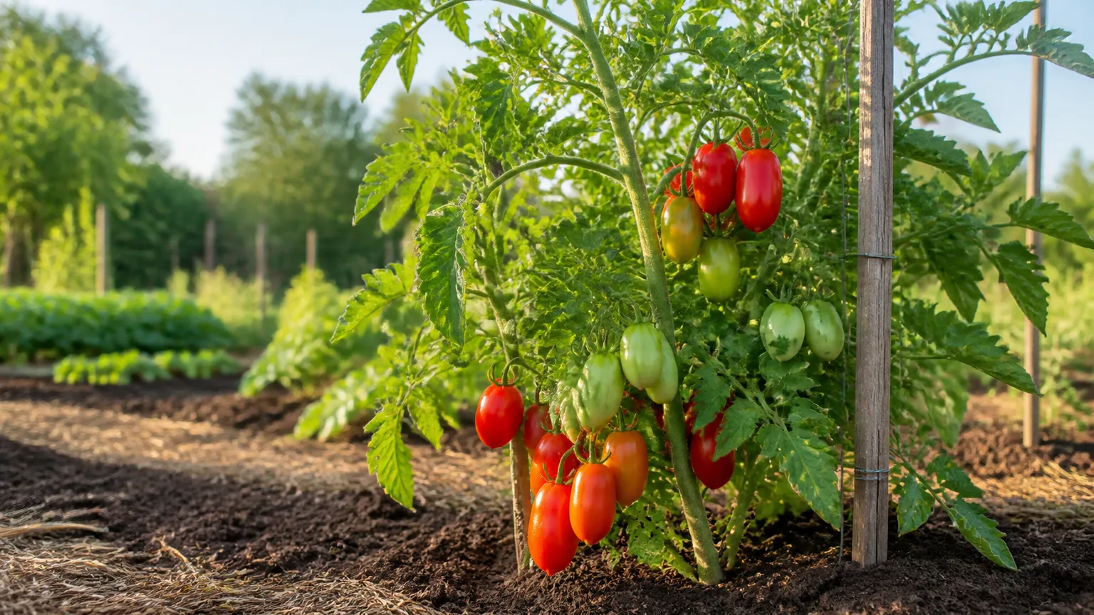 Healthy San Marzano tomato vine with elongated ripe fruit growing beside a sturdy garden stake