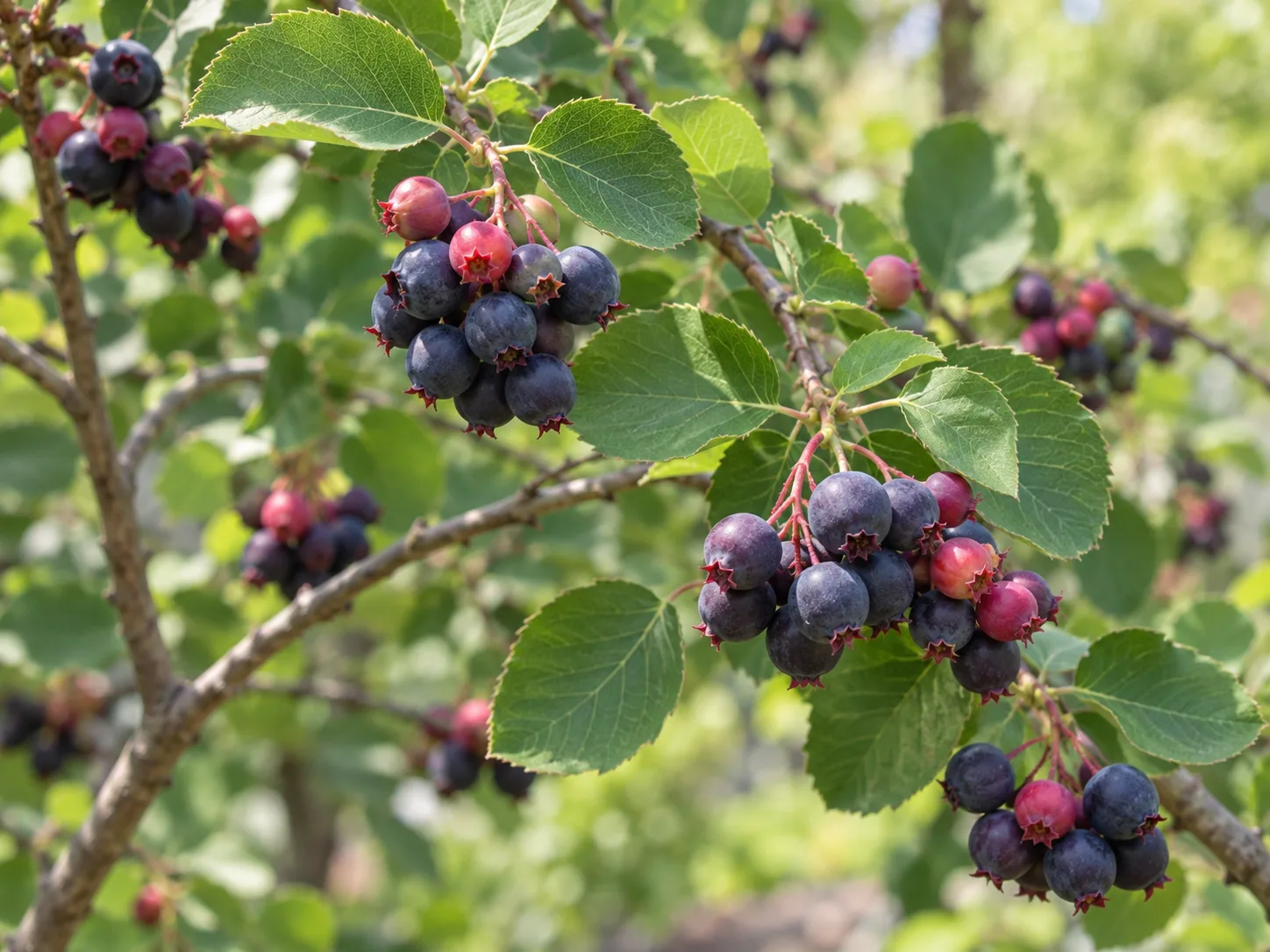 Dark purple Saskatoon serviceberry fruits ripening among green leaves